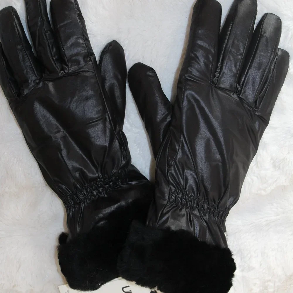 NWT UGG‎ WOMEN'S SHEARLING TRIMMED GLOVES BLACK